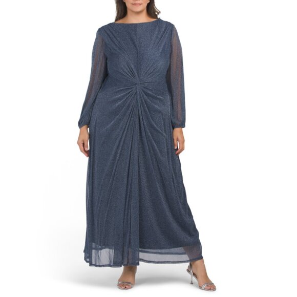OLEG CASSINI Navy/silver Plus Made In Usa Mesh Dress With Metallic Details - Picture 1 of 2